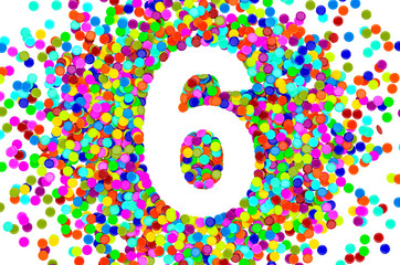 Number 6 from colored confetti. 3D rendering