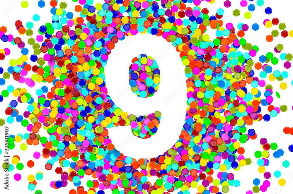 Fototapete number 9 from colored confetti. 3d rendering