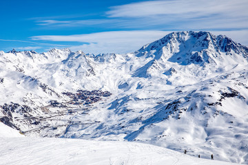 Fototapeta na wymiar Val Thorens is the highest ski resort in Europe (2300m). The resort forms part of the 3 vallées linked ski area which is the largest linked ski areas in the world