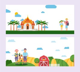 Obraz premium Elderly couple traveling and farming, happy pensioners enjoying retirement together, vector illustration. Senior people cartoon characters, active lifestyle retirement, elderly people travel Thailand