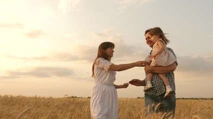 Happy baby in arms of father and mother. Happy family holding hands on walks. little daughter, dad and mom play in wheat field. baby travels across field with her family. child and parent are playing.