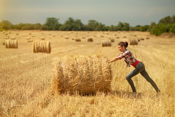 beautiful girl pushes sheaf of hay in field on background of haystacks and green trees
