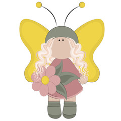 Fairy with yellow wings and a pink dress with a flower in her hand Girl fairy character butterfly sorceress vector children illustration drawing