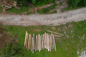A bunch of fallen timber logs in an alpine environment viewed from above. Green grass, fire road and brown timber from the sky.