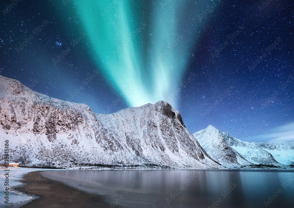 Canvas Prints aurora borealis, senja islands, norway. northen lights, mountains and reflection on the water. winte