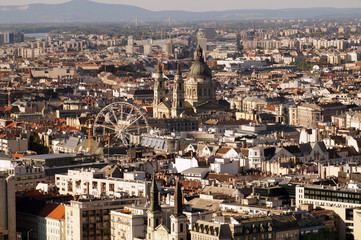 A characteristic part of the Hungarian capital Budapest. Extensive view with surrounding city mountains in the background.