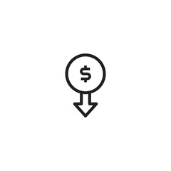 Financial Loss icon. Dollar rate decrease vector icon. Money symbol with down arrow. Lower cost icon. Business lost crisis decrease vector illustration.