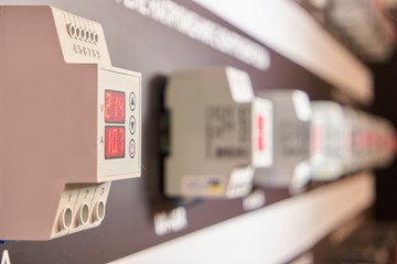 Row of voltage regulator panels. Electronic Machines instrument panel for electric energy measurements.