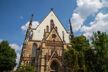 The Thomas church in the city of Leipzig, Saxony, Germany. Johann Sebastian Bach was the choirmaster of the church choir in the 18th century. A monument in front of the church reminds of him.