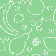 Vector seamless summer pattern with banana, apple; pear; cherry; blackberry; strawberry; blueberry; lemon. Tasty fruits and berries drawn in line art