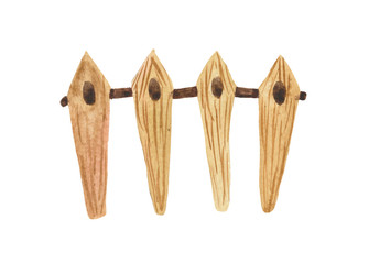 Hand-painted watercolor drawing, fence made of wooden boards. Object on a white background, for design compositions on the theme of farm life or life in the suburbs.