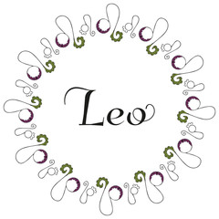 Round isolated emblem of the zodiac sign Leo with the inscription in the center, symbolizing the zodiac sign drawn by hand on a white background. Zodiacal flares. Black, green and lilac colors. Vector