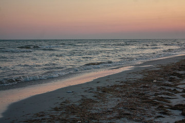 Landscape of Jarylgach Island, Ukraine. Black Sea coast in evening.