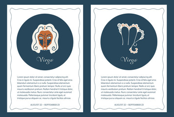 Naklejka na ściany i meble Astrological pages for the zodiac sign Virgo. Two backgrounds with a symbol and the head of a woman with an orange face. Templates for postcards, flyers, brochures. Emblems and place for text. Vector.