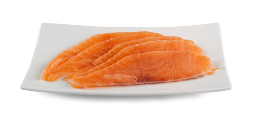 Thin Slices of Raw Salmon Fillet Isolated on White Background