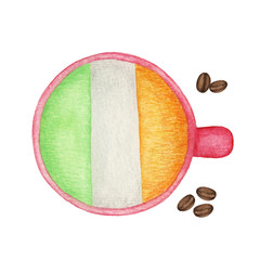 Cup with irish coffee. A cup of coffee in the colors of the Irish flag. Funny watercolor illustration for St. Patrick's Day celebration and design with Irish symbols. Green, orange and white coffee
