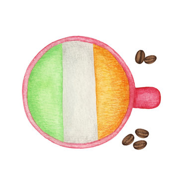 Cup with irish coffee. A cup of coffee in the colors of the Irish flag. Funny watercolor illustration for St. Patrick's Day celebration and design with Irish symbols. Green, orange and white coffee