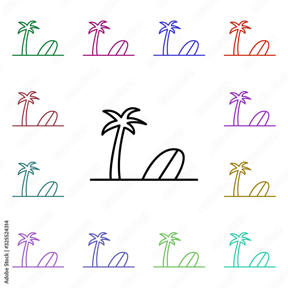 Poster surfboard multi color style icon. simple thin line, outline vector of summer icons for ui and ux, we