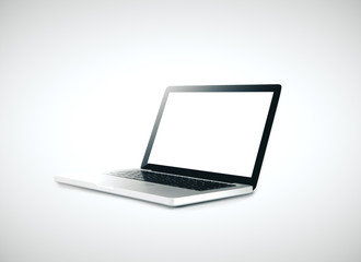 Laptop with blank screen on gray background.