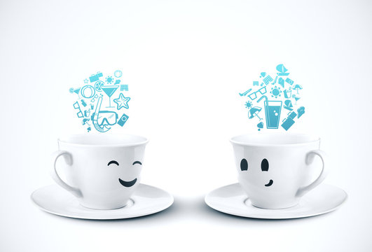 Two coffee cup smiling with color speech bubbles