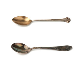 silver vintage small coffee spoon for pouring sugar isolated on a white background
