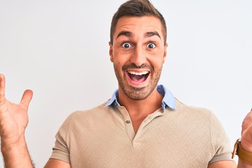 Young handsome man wearing elegant t-shirt over isolated background very happy and excited, winner expression celebrating victory screaming with big smile and raised hands