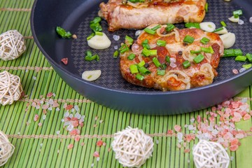 Fried meat in the pan. Delicious meat food