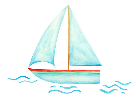 Hand drawn blue watercolor sailboat on the waves isolated on white background for your design.