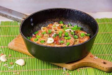 Fried meat in the pan. Delicious meat food