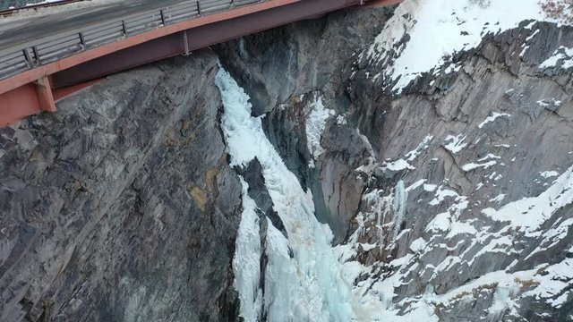 Bear Creek Falls icefall and bridge view in Ouray, Colorado