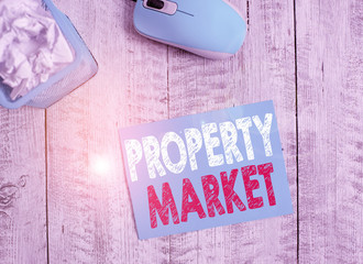 Word writing text Property Market. Business photo showcasing the buying and selling of land and buildings Estate market Crumpled paper in bin and computer mouse with stationary on wooden backdrop