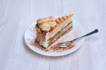 Tiramisu cake/ dessert with fork, cacao on a porcelain plate