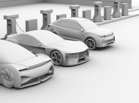 Clay rendering of electric cars charging at Public Charging Station. 3D rendering image.