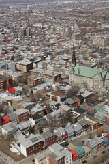 Aerial view of Quebec City and quarter "Faubourg" or so called "Saint-Jean Baptiste" in Quebec, Canada