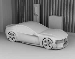 Electric sports car connect to power supply at home. Sustainable lifestyle concept. 3D clay rendering image.