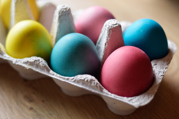 Happy easter. Colored eggs on gray concrete. Flowering, fur seal willow, on an abstract background. Multicolored paints, brushes, watercolor . Flat lay.