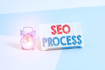 Writing note showing Seo Process. Business concept for steps of increasing the quality and quantity...