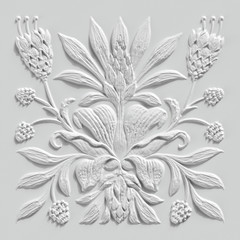 3d render, white floral carving, gypsum wall decor, carved stone tile, botanical pattern, medieval...