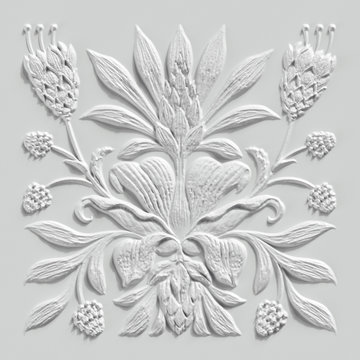 3d render, white floral carving, gypsum wall decor, carved stone tile, botanical pattern, medieval ornament, alabaster plaster texture, tropical flowers and leaves motif