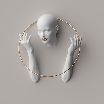 3d render, female mannequin body parts isolated on white background. Bold head, beautiful face, hands, golden ring. Blank product display for jewelry shop showcase. Modern minimal fashion concept