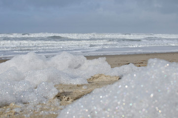 The close details of the foam from the sea on the shores of the cold oregon coast. 