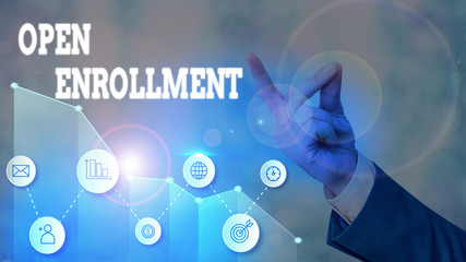 Writing note showing Open Enrollment. Business concept for policy of allowing qualifying students to enroll in school