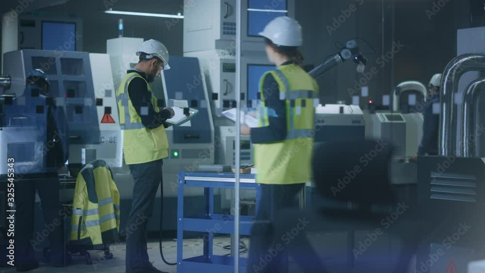 Leinwandbilder modern factory: professional engineer wearing safety vest and hardhat, uses industrial digital table