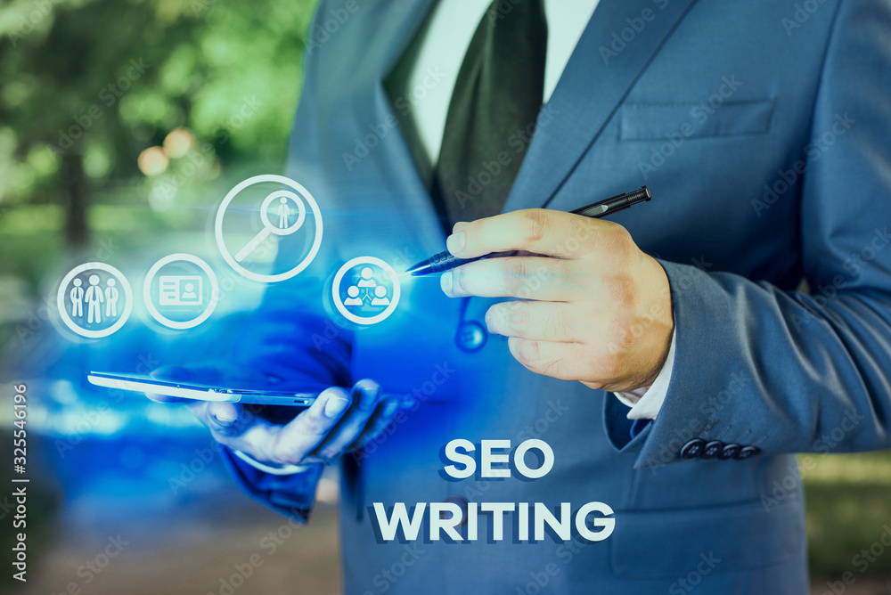 Poster writing note showing seo writing. business concept for grabbing the attention of the search engines 