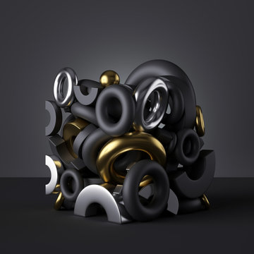 3d Geometric Objects Isolated On Abstract Black Background, Magnetic Torus And Rings, Stack Of Toys, Pile Of Chrome And Gold Metallic Elements, Assorted Primitive Shapes.