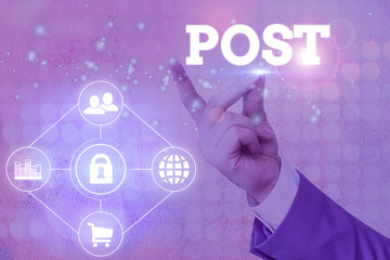 Conceptual hand writing showing Post. Concept meaning a piece of writing, image, or other item of...