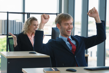 business background of business people showing excited with smiling face in office