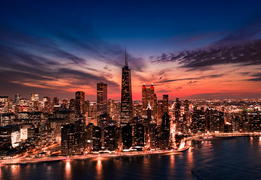 Chicago cityscape aerial view at twilight