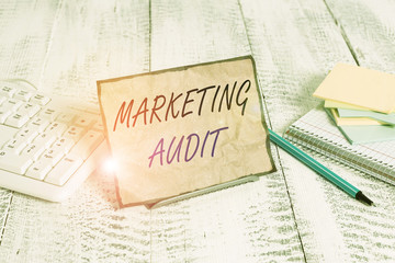 Conceptual hand writing showing Marketing Audit. Concept meaning examination and analysis of the...