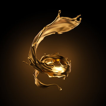 3d Rendering, Liquid Spiral Gold Splash, Artistic Paint Metallic Jet, Swirl, Wave, Golden Splashing Clip Art, Abstract Design Element Isolated On Black Background. Cosmetics Ingredient. Luxury Concept